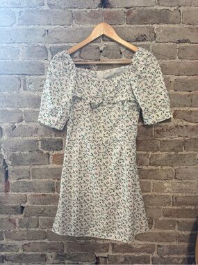 Women's Floral Puff-Sleeve Summer Dress - Cream with Blue & Pink Floral